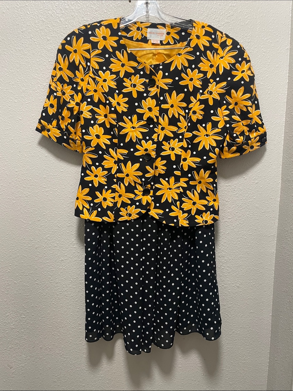 90’s David Warren 2-Pc Mixed Print Set - Yellow Floral Blouse & Polka Dot Skirt